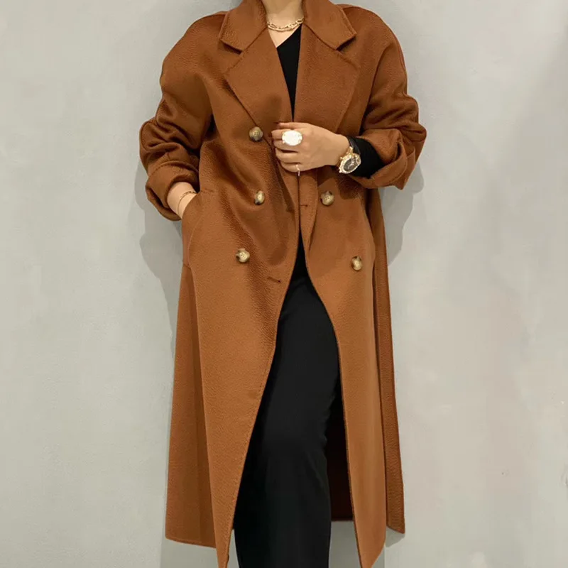 

Water Ripple Cashmere Coats 100% Wool Women Long Coat 2021 Autumn Winter Colored Double Breasted Belted Double Woolen Overcoats
