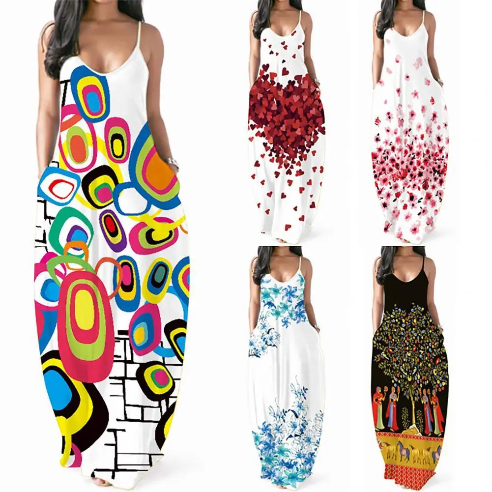 

Hot Sales Women Spaghetti Strap Printing V-neck Pockets Loose Maxi Dress Sundress for Beach