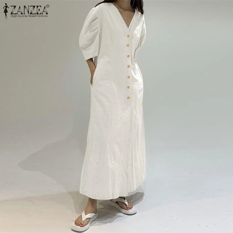 

Women's Summer Sundress 2022 ZANZEA Stylish Solid Shirt Dress Casual Half Sleeve Maxi Vestidos Female V Neck Robe Femme Oversize