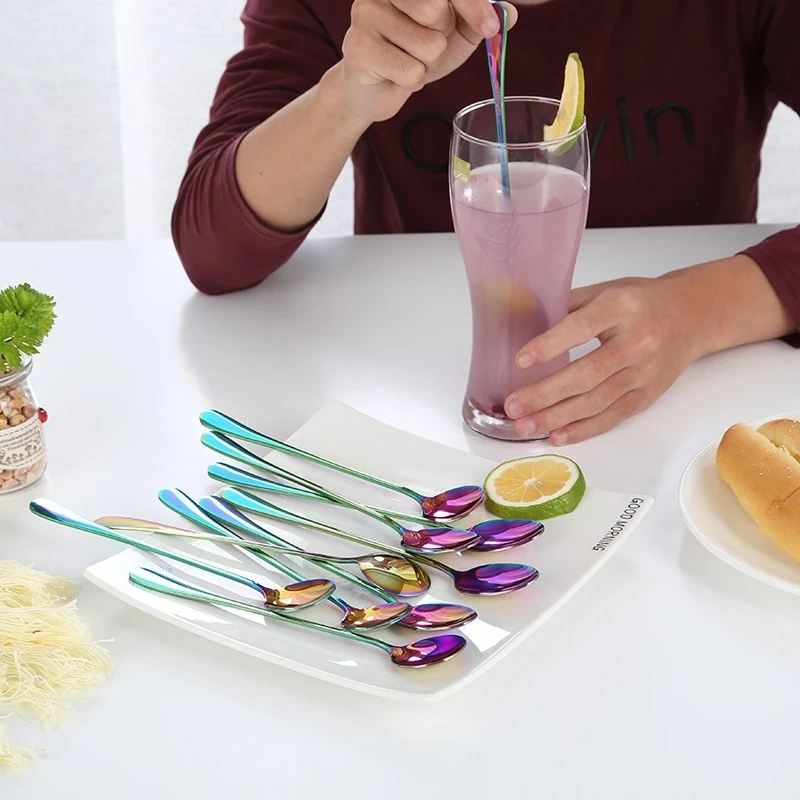 

100pcs/lot Stainless Steel Rainbow Ice Spoon Kitchen Bar Long Handle Coffee Mixing Spoon Western Cutlery