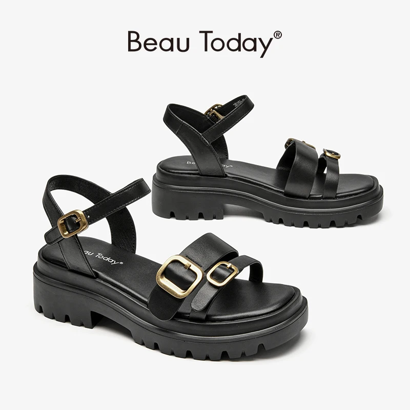 

Chunky Sandals Gladiator Women Cow Leather Platform Shoes Metal Buckle Ankle Straps Ladies Summer Wedges BeauToday 38156