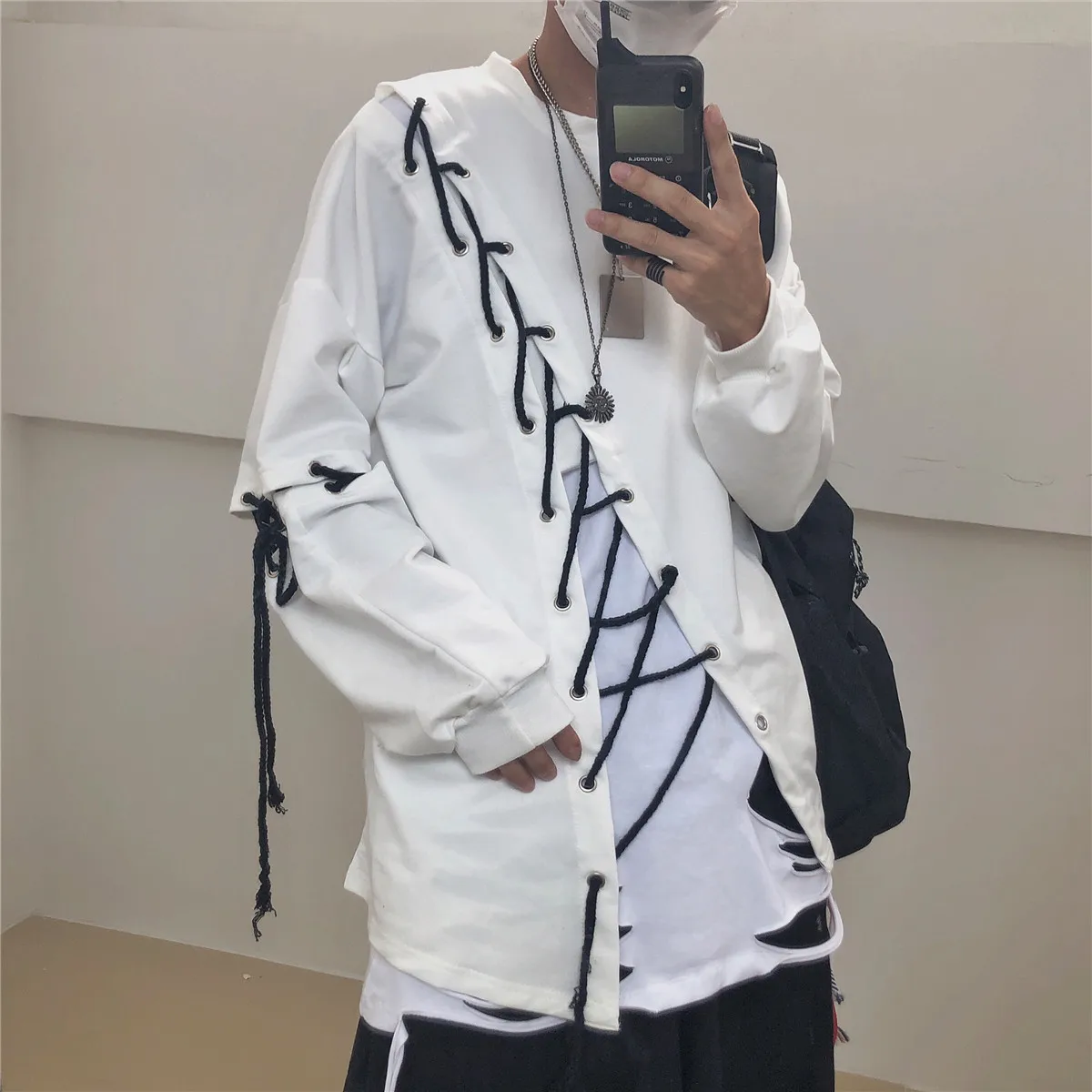 Yoji Темный ветер ins супер огонь Высокая уличная хип хоп личность diy привязанная полоса пропускания Свободный Длинный Рукав Толстовка для мужчин и женщин WGWY88