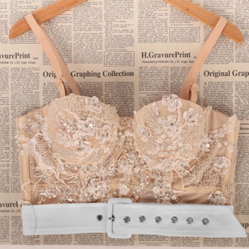 New Sexy Lace Embroidery Pearl Camisole Celebrity Fashion Adjustable Strap Body Shaping Belt Sequined Corset Bar Party Club Wear