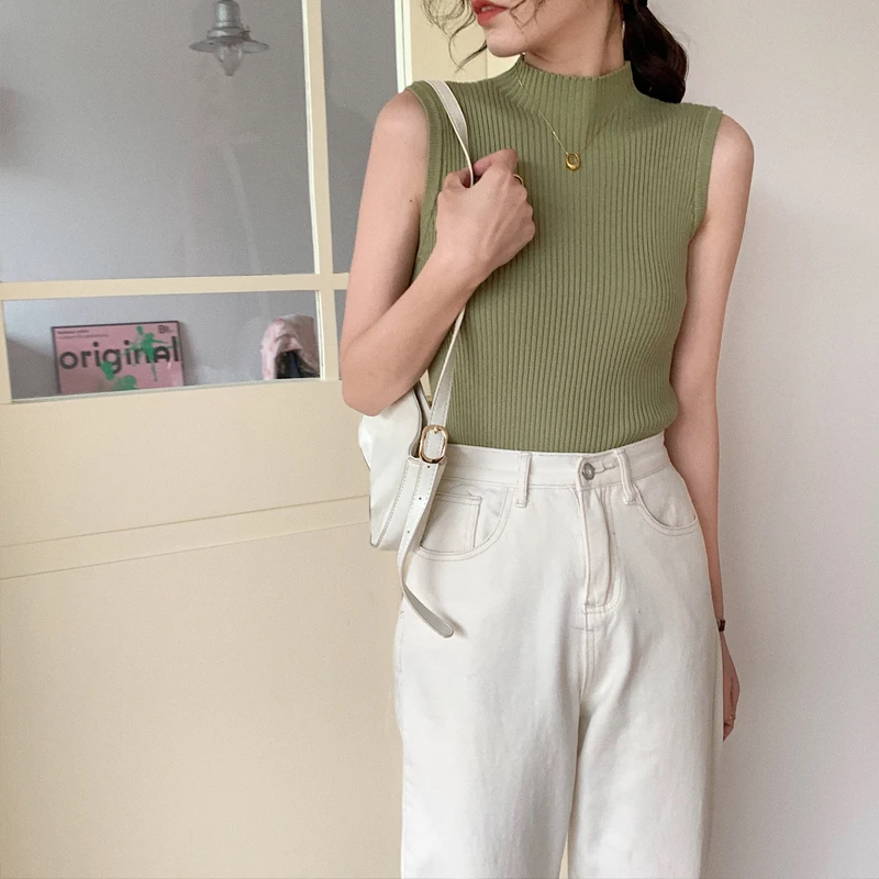 Сексуальные женские топы на бретелях с высоким воротником без рукавов Вязанный