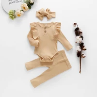 3pcs baby girls clothes suit autumn solid color baby childrens ruffled fly sleeved one piece romper trousers and headband