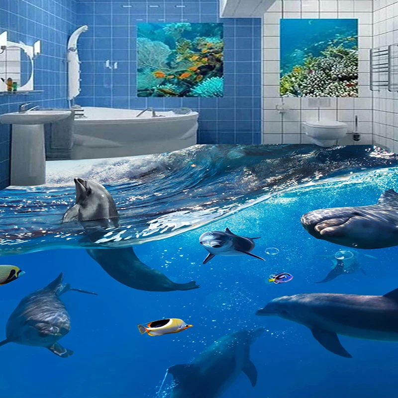 Фото Подводный мир дельфинов 3D Пол живопись обои ПВХ водонепроницаемые самоклеящиеся