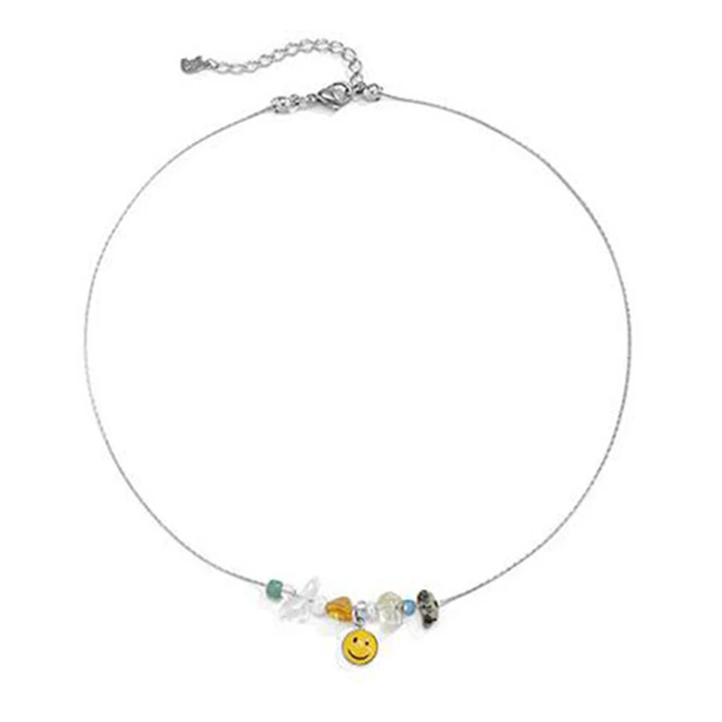 

Women Smiley Naive and Romantic Pendant Necklace Irregular Multicolor Stone Clavicle Chain Simple Summer Fashion Jewelry Gift
