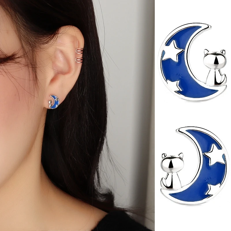 

1 Pair Cute Cartoon Moon Cat Charm Silver Plated Ear Studs Fashion Fine Jewelry 2021 Luxury Design Earrings