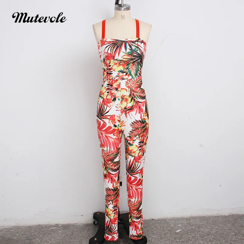 Mutevole Leaves Print Bodycon Bandage Jumpsuit Women Bohemian Spaghetti Strap Patchwork Sexy Summer Sleeveless | Женская одежда