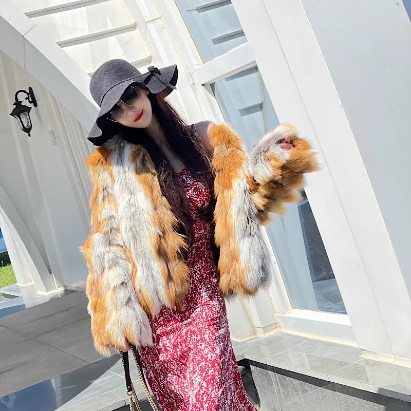 

2021 New Winter Lady Genuine Red Silver cross Fox Fur Coats Women Warm 100% Natural Real Fox Fur Fashion Jackets