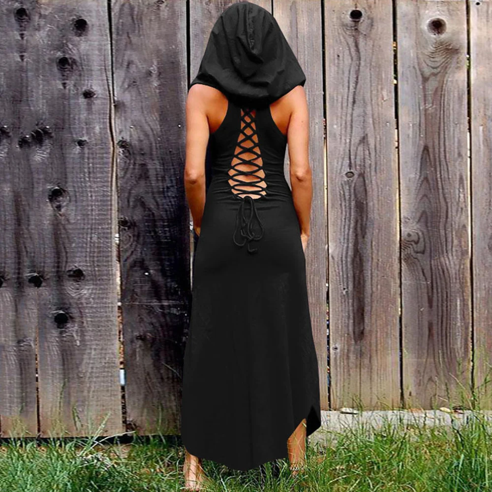 Женское платье с капюшоном Бандажное без рукавов модное летнее однотонное