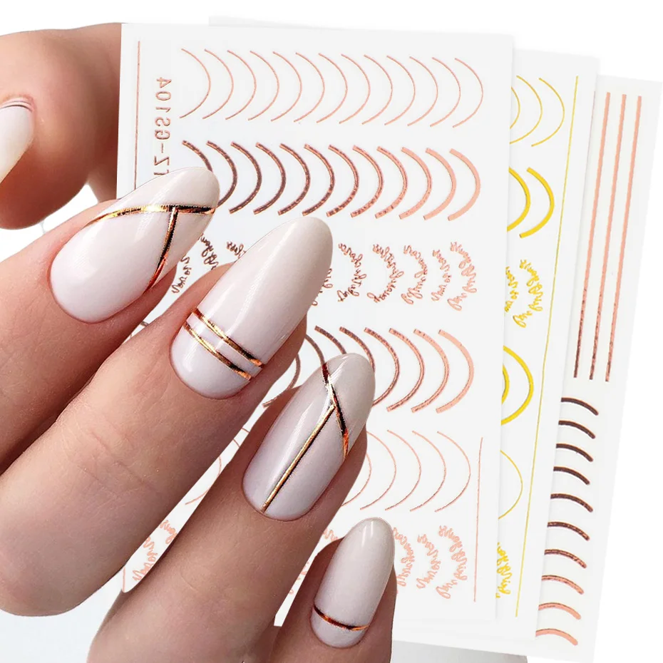 

Розовое золото наклейки для ногтей 3D наклейки кривые полосы линии лента с буквами клей для накладных ногтей слайдеры украшения для маникюр...