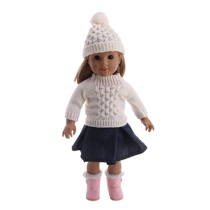 

White Kniting Hat Sweater Skirt Dress Suit Outfit Set Clothes for 18" American Girl BJD 43cm Reborn Baby Pajamas Doll Accessory