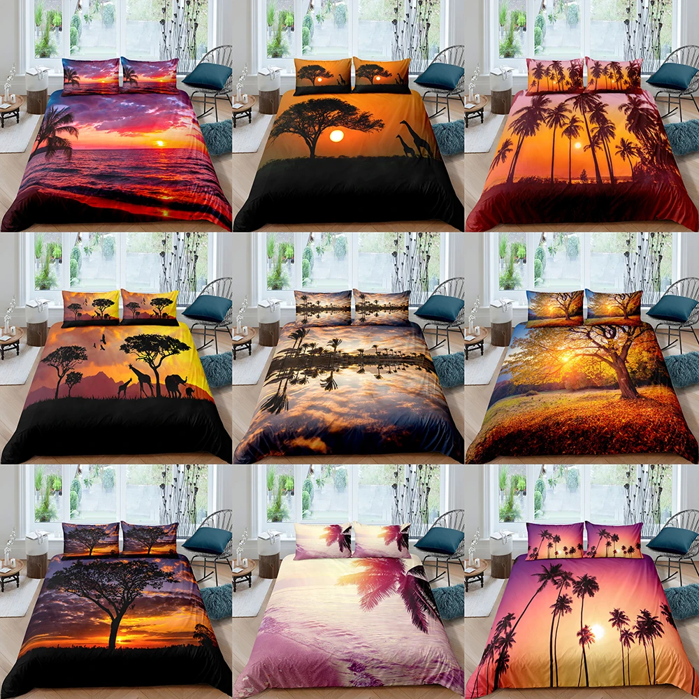 

3D Beach Scenery Quilt Cover Bedding Single Twin Double Tropical Sunset Glow Coconut Tree Summer Bedroom Duvet Cover Pillowcase