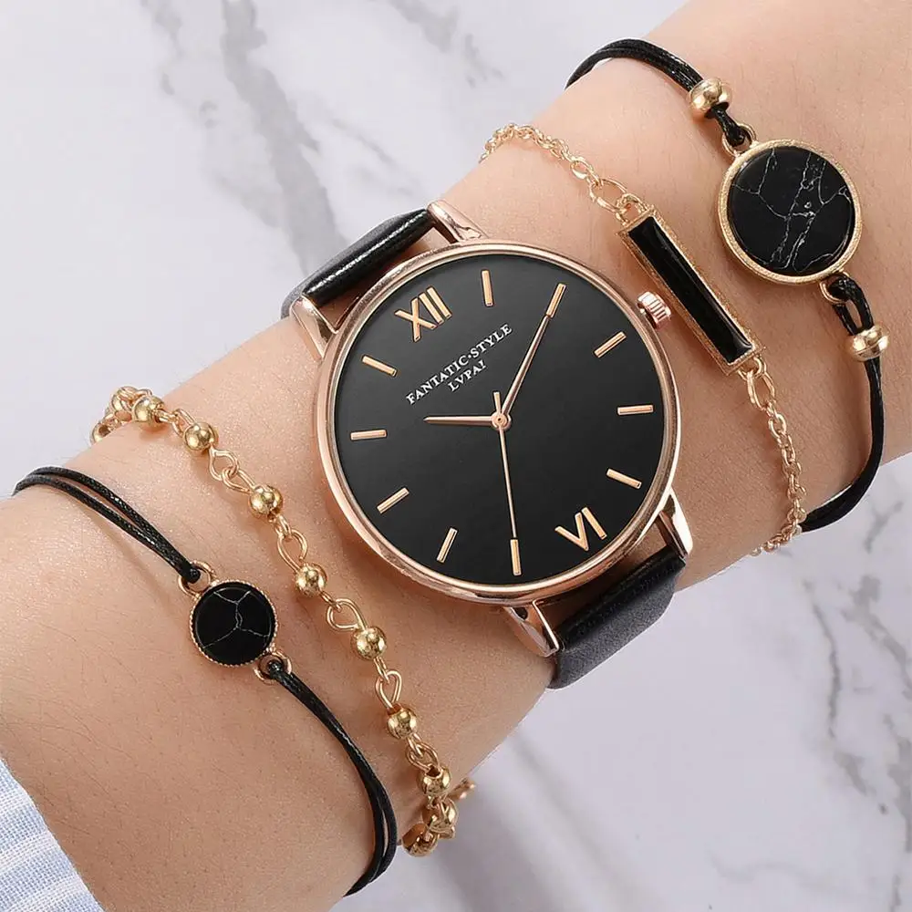 

Hot Sales Woman Watch Set 5 pcs Quartz Leather Female Wristwatches Simple Roman Ladies Watches 2020 Gift Casual relogio feminino