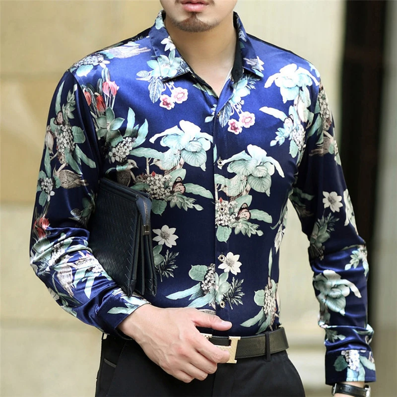 Мужская бархатная рубашка с длинным рукавом и цветочным принтом весна