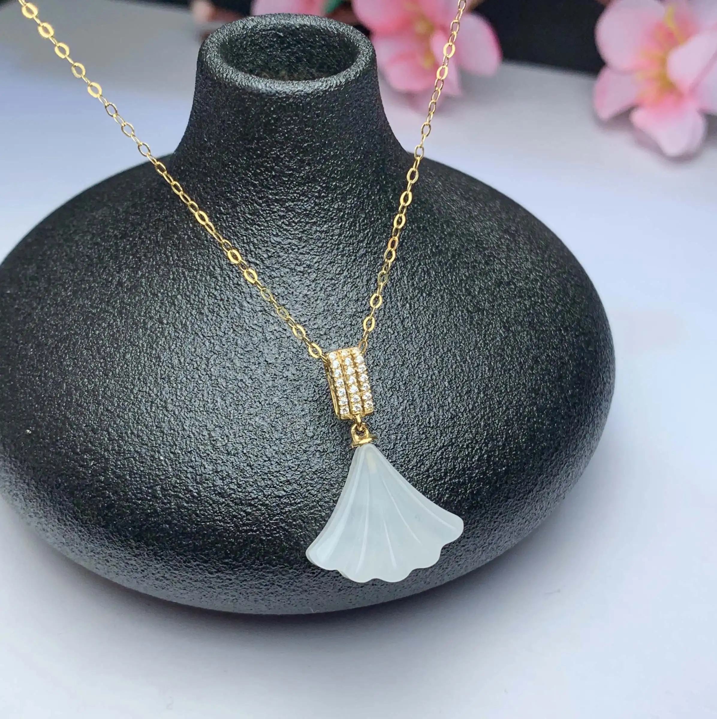 

SHILOVEM 18k yellow gold real natural white Jasper pendants Christmas Gift fine Jewelry plant wedding no necklace mymz1416999hby