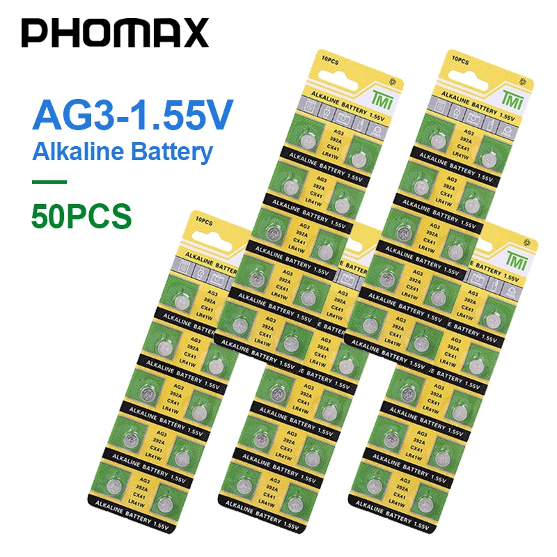 50 шт. Кнопочная батарея PHOMAX AG3 SR41 192 392A L736 LR41 392 384 щелочная счетчик часов