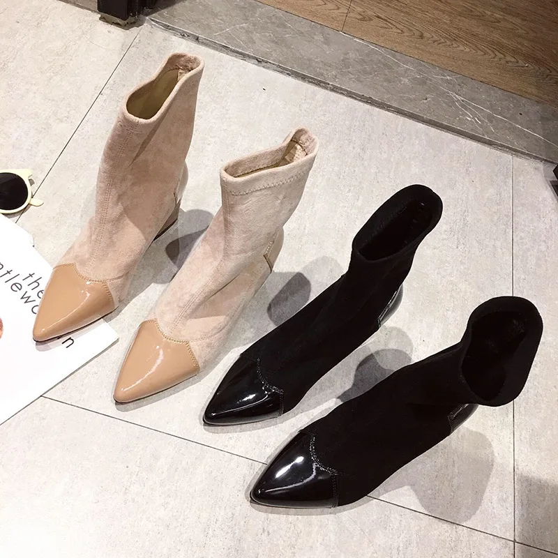 Beste 2019 Herfst Winter Nieuwe Breien Stretch Laarzen Sok Laarzen Hot Verkoop Enkel Korte Laarzen Puntige Teen Lage Dikke Hakken Slip Op Botas