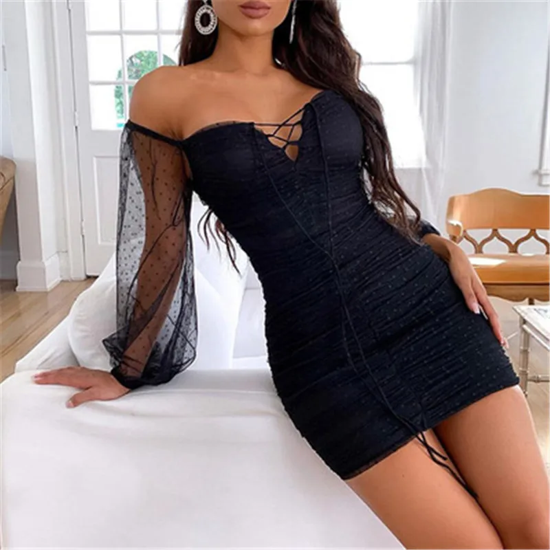 2020 женское сексуальное платье без бретелек в горошек Сетчатое кружевное