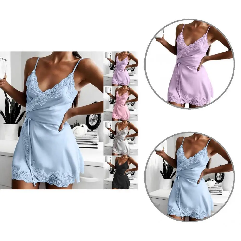 

New Ladies Silk Sling Nightdress Women's Sexy Lingerie Satin Sleepwear Lace Cup V-neck Nightwear Homewear S-3XL Jodimitty 2021