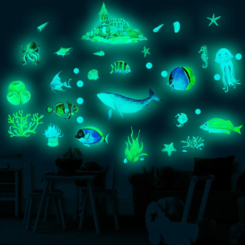 

Luminous Underwater World Ocean Fish Cartoon Wall Stickers Fluorescent Sticker Children's Room Decoration Wall Decal Decor