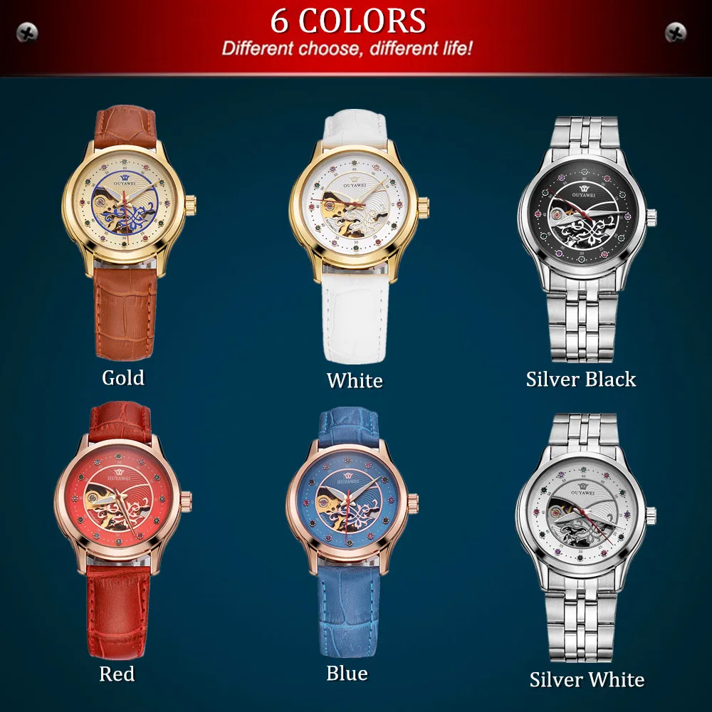 

OYW Automatic Mechanical Lady Watch Fashion Leather strap Skeleton Elegant Woman Wristwatch Rose gold Alloy Waterproof Clocks