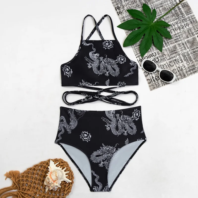 Swim CyxWzy 2022 Trendy Chinese Classical Style Zodiac Dragon Sexy Halter High Waist Pull Rope Beach Party Two-piece Swimsuit