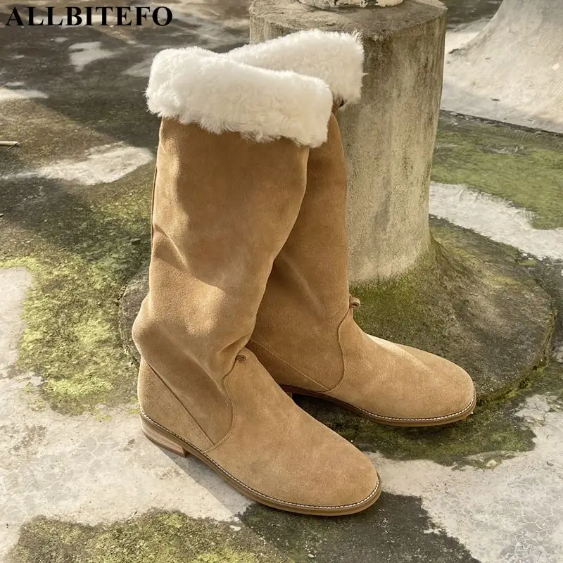

ALLBITEFO Fashion Soft Suede Genuine Leaher Thick Wool Inside Keep Warm Winter Shoes Girls Snow Boots Modern Shoes Women Boots