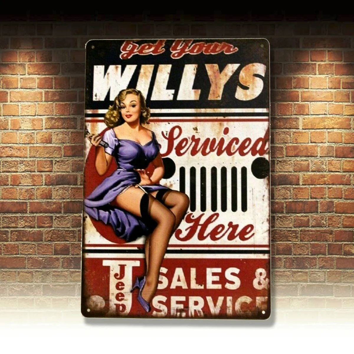 

New Willys Jeep Service Tin Poster Sign Pinup Girl Man Cave Vintage Style Garage