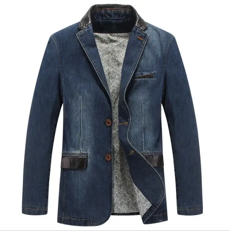 Autumn Fashion Male Slim Fit Casual Denim Suit Jacket Men Stitching leather Blazer Terno Masculino Brand Mens Denim Blazer