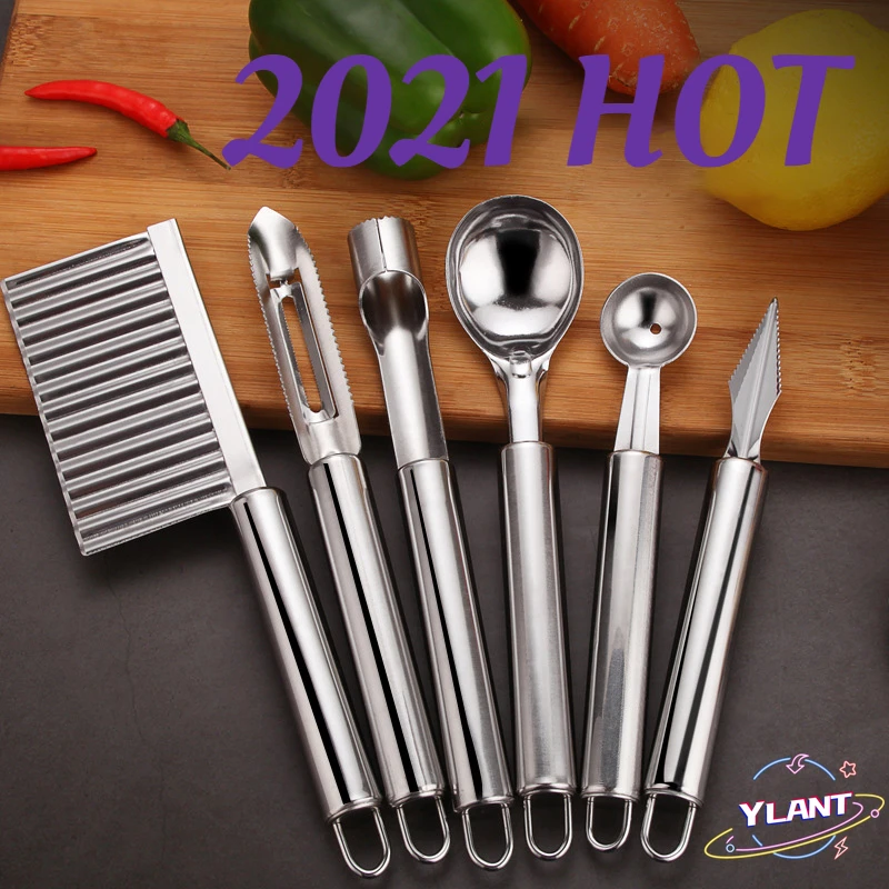 

1pcs 6pcs/set Stainless Steel Kitchen Tool Set Fruit Knife Corer Carving Knife Watermelon Digging Ball Spoon Potato Peeler