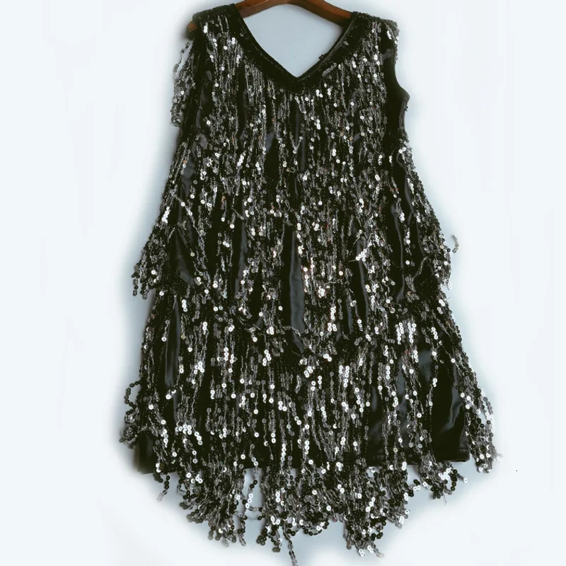 Блестящие золотые блестки лоскутное платье с бахромой модные пикантные