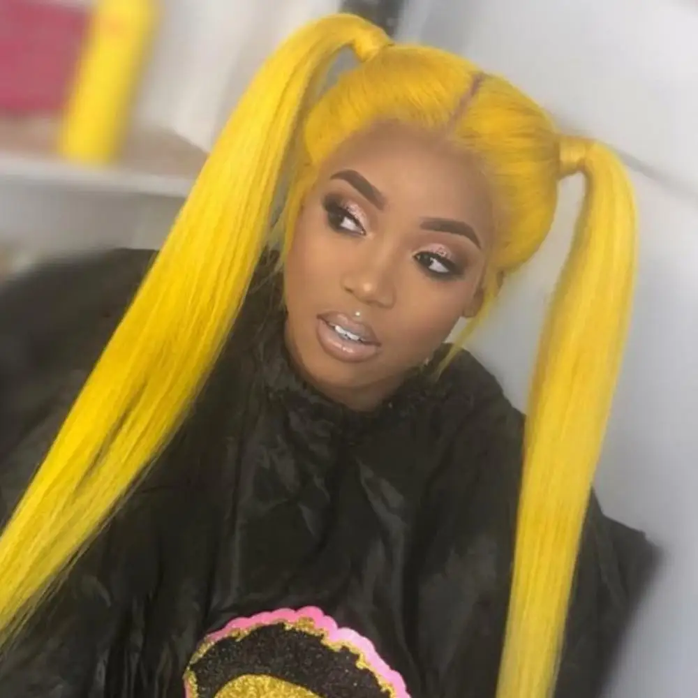 Жёлтый оранжевый темно-синий парик на кружеве с предварительно выщипанными