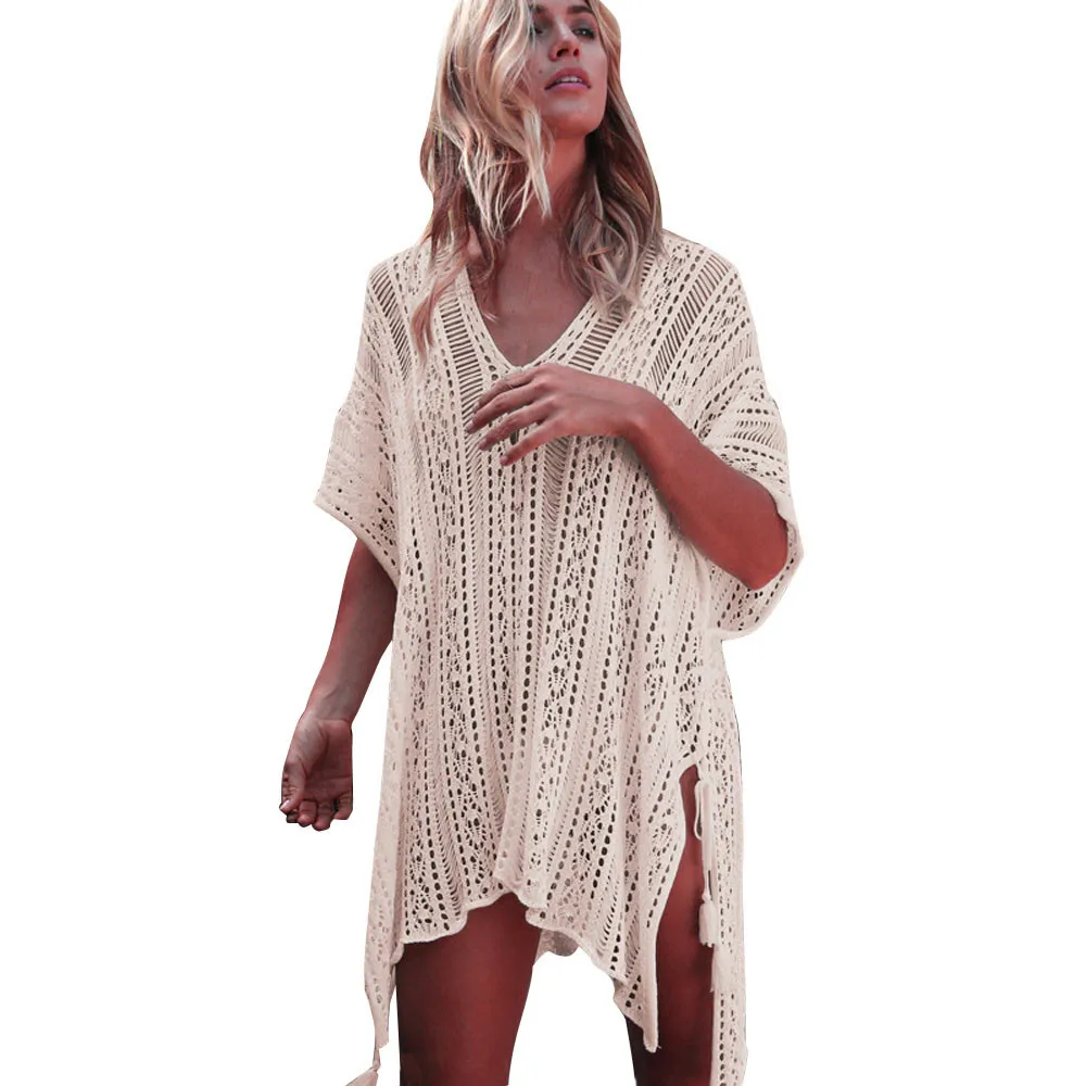 

2021 Sexy Beach Cover Up White Crochet Smock Tunic Women Bikini Cover-ups Beachwear Women Swimsuit Cover Up Loose Dress Swimwear