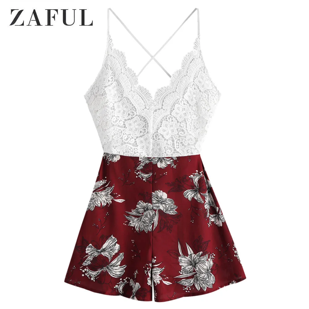 

Zaful Women Romper Shorts Knotted Back Lace Panel Floral Cami Romper Spaghetti Strap Sleeveless Playsuits Casual Wear 2020