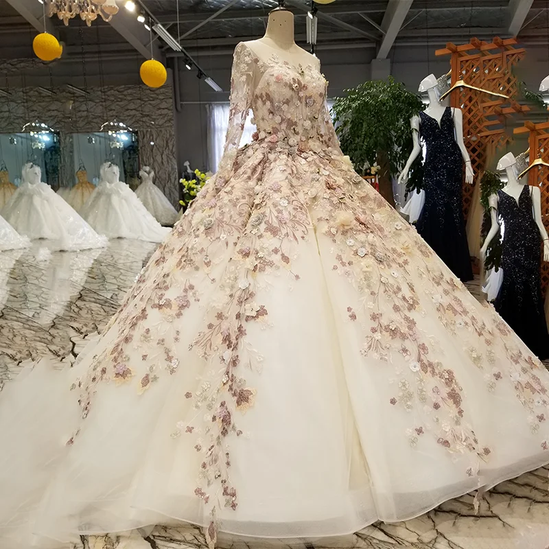 LS3211 luxury dubai evening dress long sleeves o neck 3D flowers floor length ball gown women occasion can make for muslim | Свадьбы и