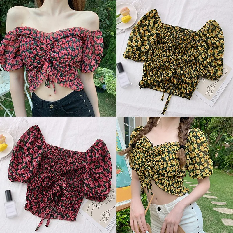 

Women's Floral Print Slash Neck Sexy Short Blouses Tops Summer Sweet Pleated Exposed Navel Short Sleeve Chiffon Shirt