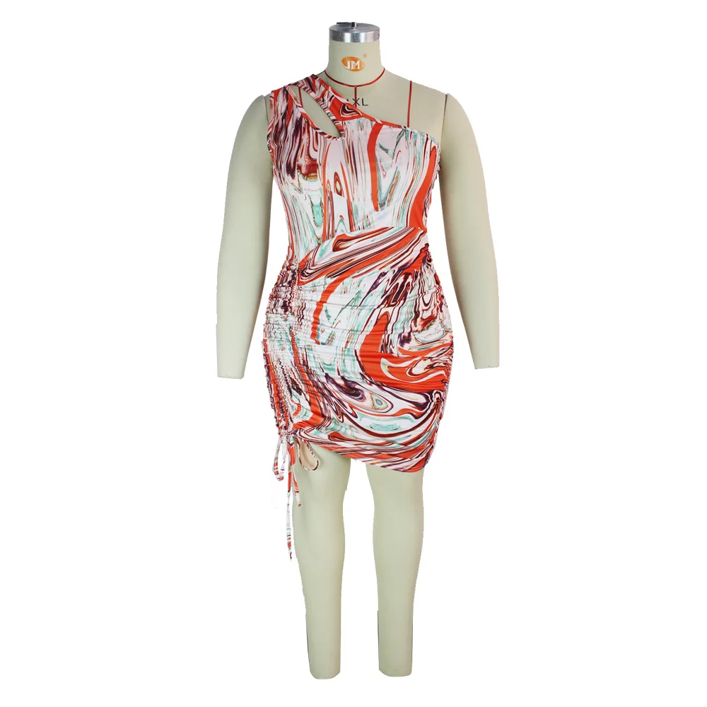 Vestido de talla grande para mujer, vestido Sexy ajustado con cuello Diagonal sin mangas estampado, minivestido holgado de talla grande