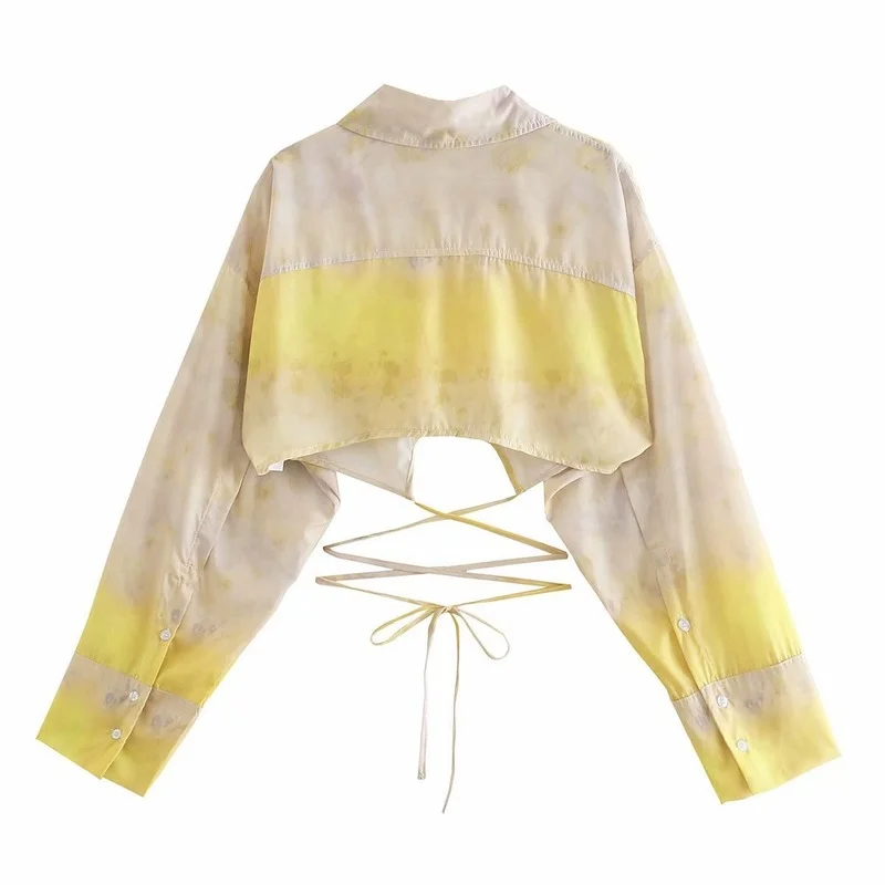 

Women's Slim-fit Lapel Waist Performance Sense Bandage T-shirt Fashion Tie-dye Gradient Color Printing Single-breasted Blouse