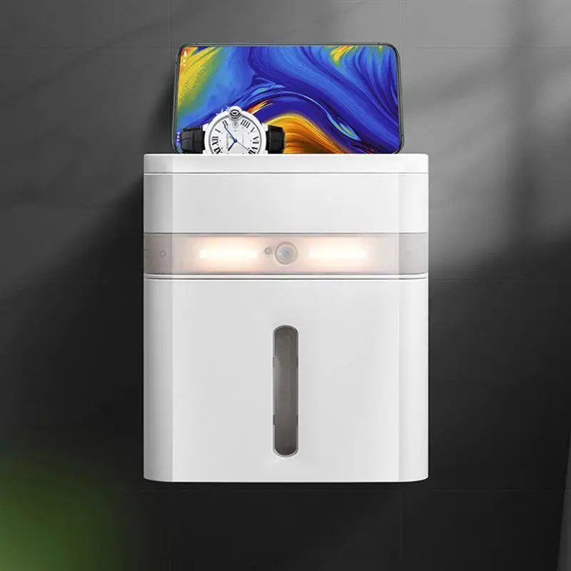 

1pc Smart Sensor Lighting Tissue Dispenser Bathroom Waterproof Roll Paper Shelf