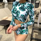 Женский купальник бикини с длинным рукавом, укороченный топ из 2 предметов, корейский Ретро комплект бикини с завышенной талией, купальный костюм, 2021