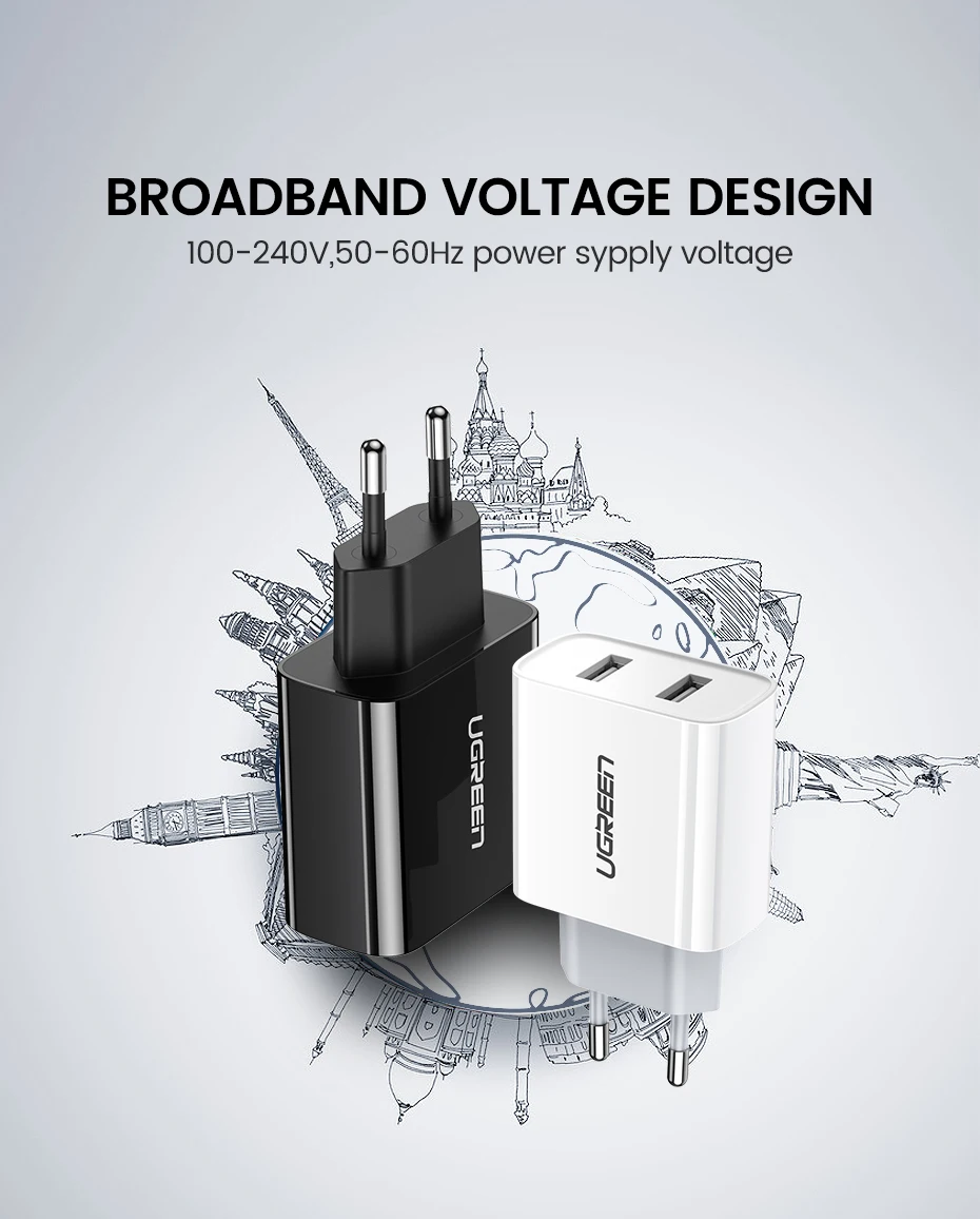 Ugreen 5V3. 4A Универсальное Зарядное Устройство USB Путешествия Зарядное Устройство Адаптер Портативный ЕС ВЕЛИКОБРИТАНИЯ Plug Смарт-Мобильный Телефон Зарядное Устройство для iPhone Tablet