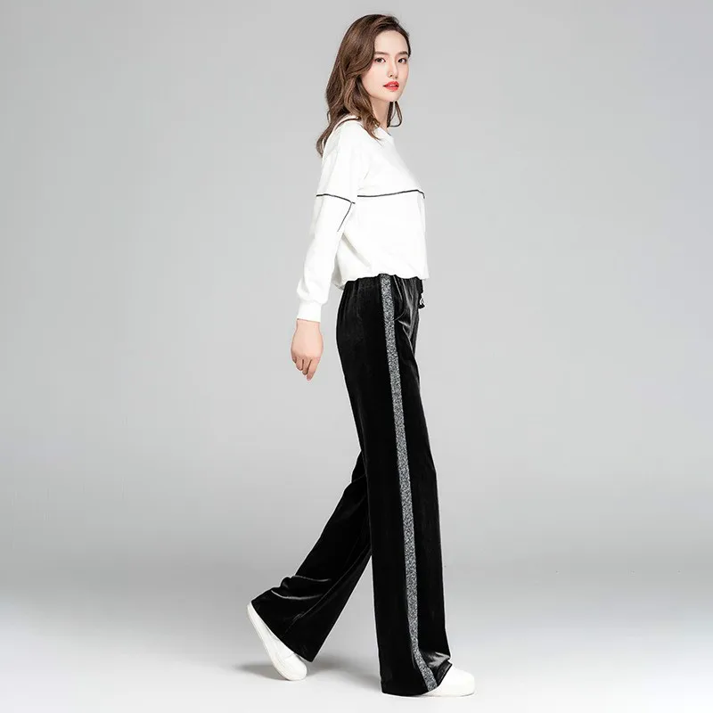 Черные бархатные широкие брюки повседневные с высокой эластичной талией женские