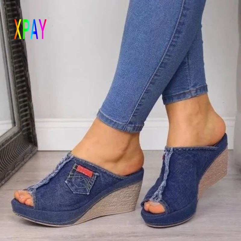 

Women's High Heels Fashion Sexy Denim Slippers Ladies Wedges Fish Mouth Shoes Platform Shoes Large Size 35-43 Zapatos De Mujer