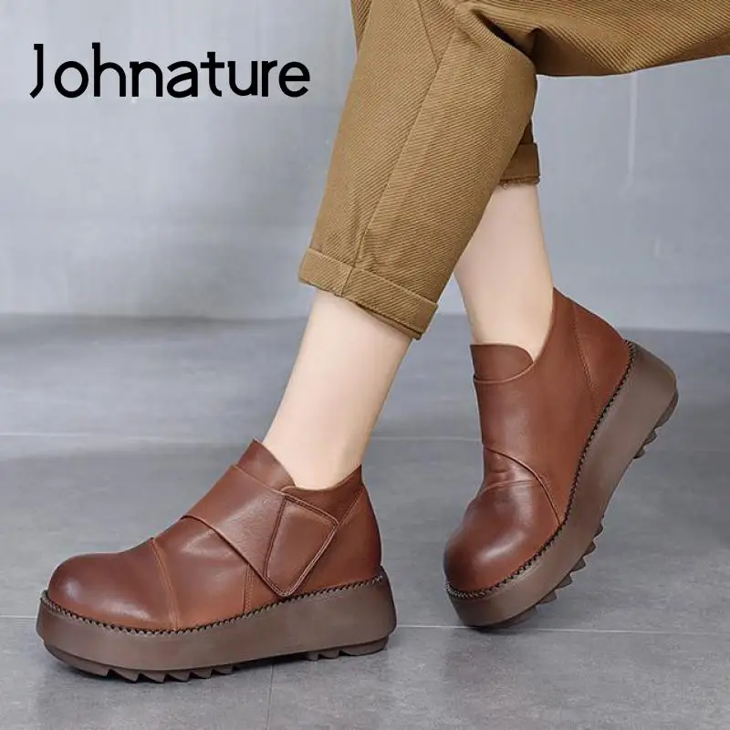 

Johnature Pumps Women Shoes Genuine Leather 2021 New Autumn Winter Round Toe Hook & Loop Retro Handmade Concise Ladies Shoes