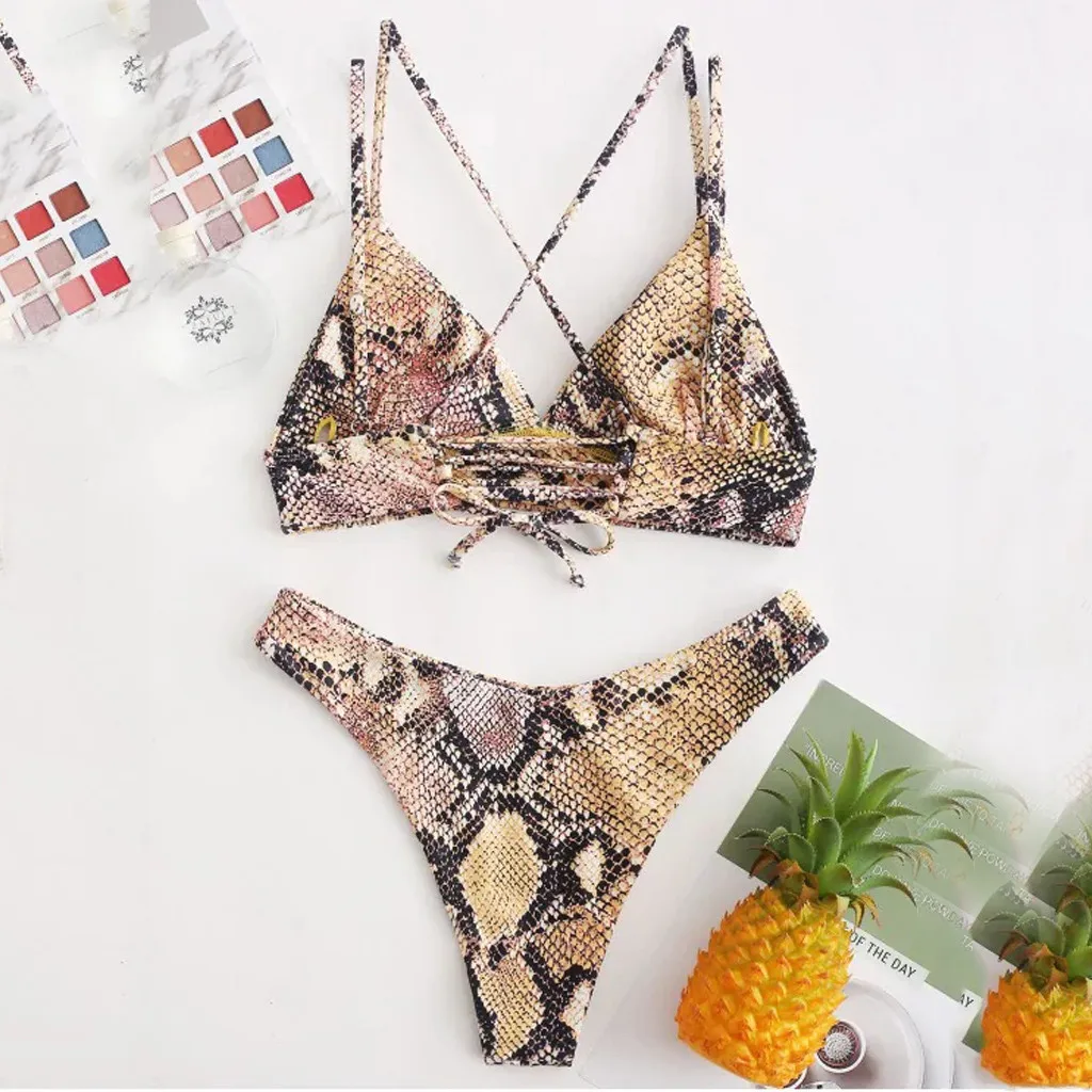 Женское бикини 2020 змеиный принт купальник сексуальный с перекрестными