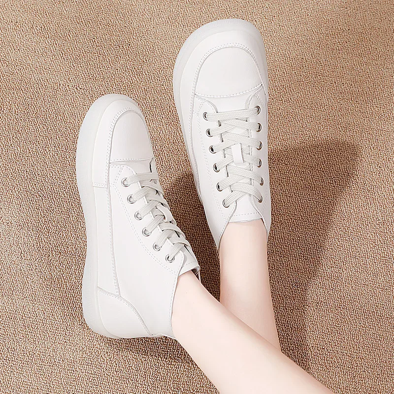 Women New Fashion Cow Split Casual Ankle Boots Ladies All-match Breathable Comfy Leather Shoes Lace-up Leisure Mid-high Footwear