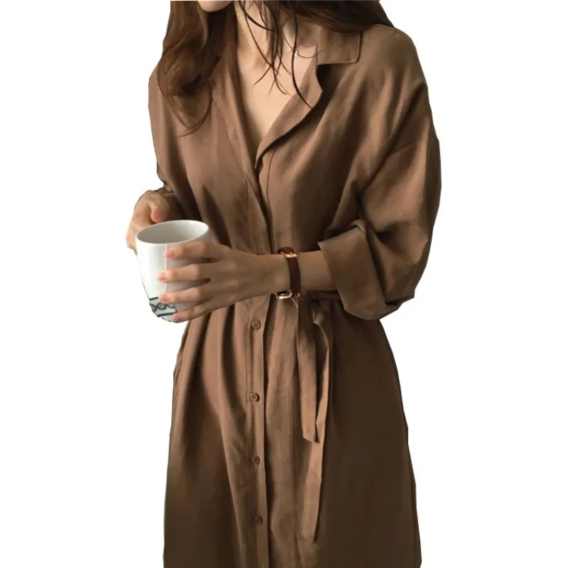 

Spring summer new fashion women's solid color shirt button lazy loose lapel cotton windbreaker jacket lace shirt dress trend