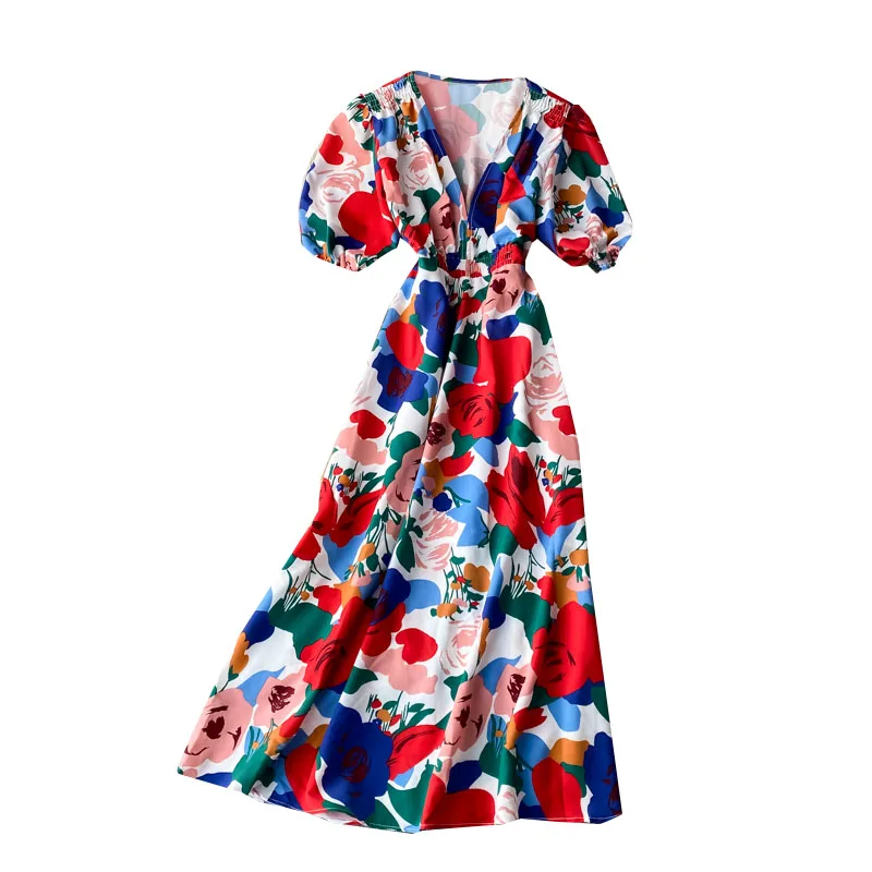 

Dresses For Women 2021 Summer Floral Evening Dresses Robes V Party Dress Elegant Half Flare Sleeve Holiday Long Dress Vestidos